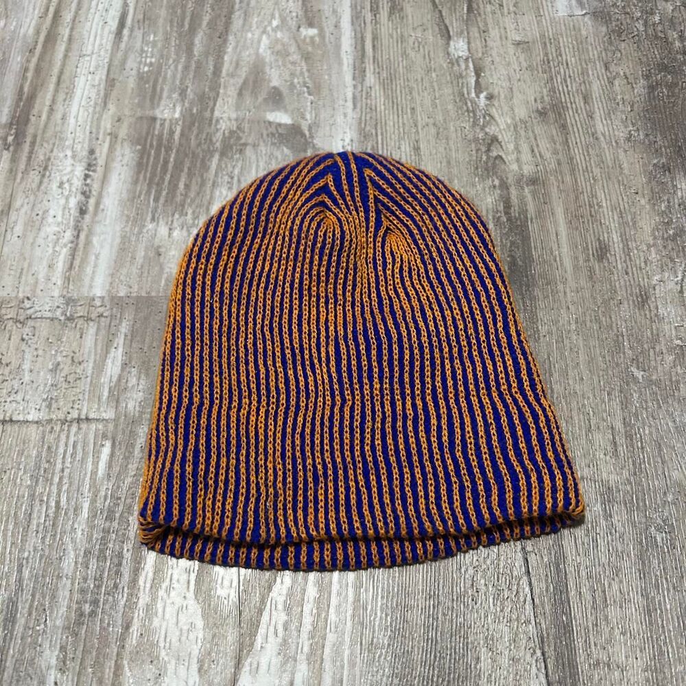 Orange + blue striped beanie accessory knitwear winter wear outerwear
